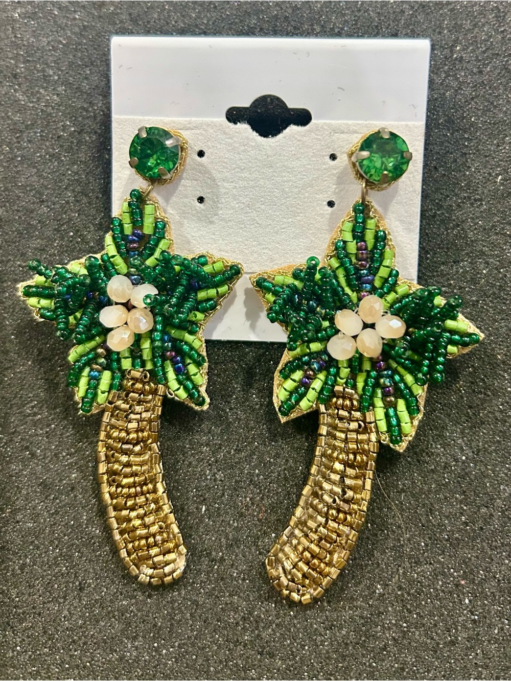 Beaded Palm Tree Drop Earrings - Green & Gold